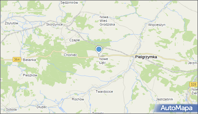 mapa Nowe Łąki, Nowe Łąki gmina Pielgrzymka na mapie Targeo